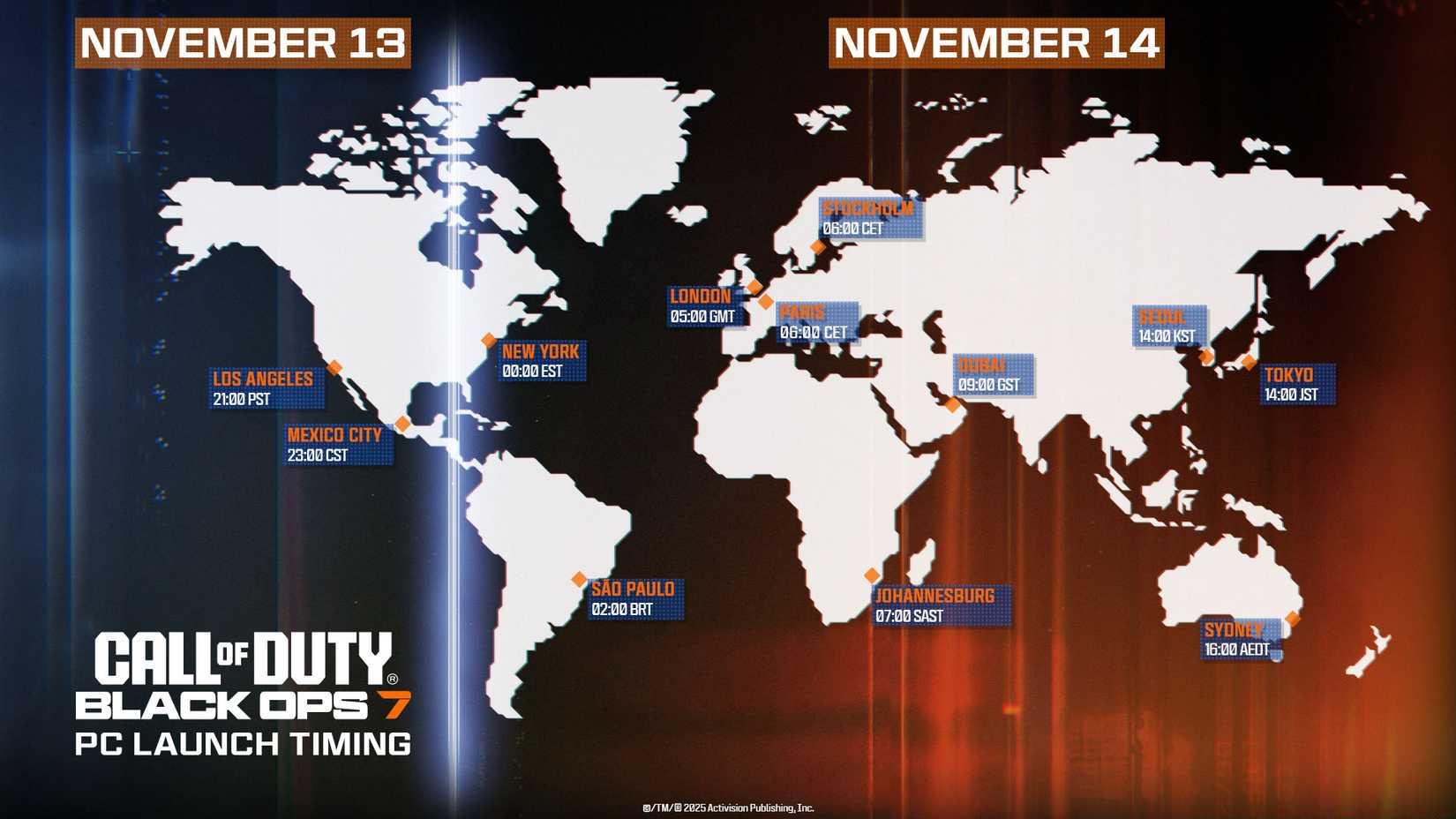 A Black Ops 7 image showing the release time for the PC version
