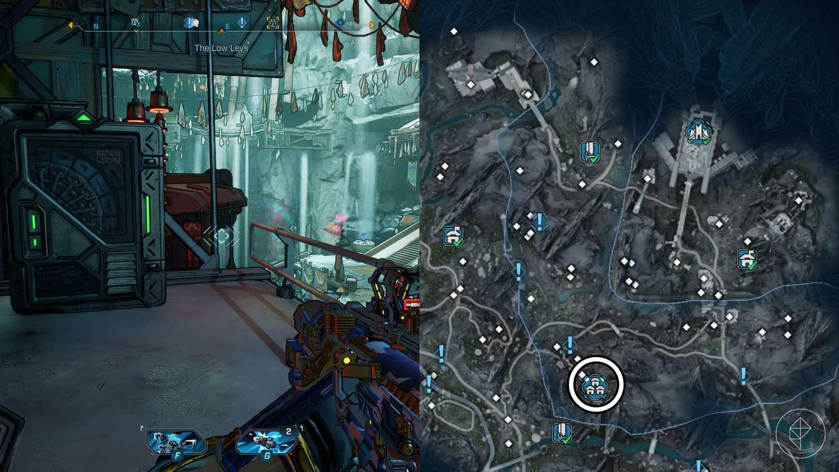 A montage of two Borderlands 4 images showing the location of the bank machine in Belton's Bored