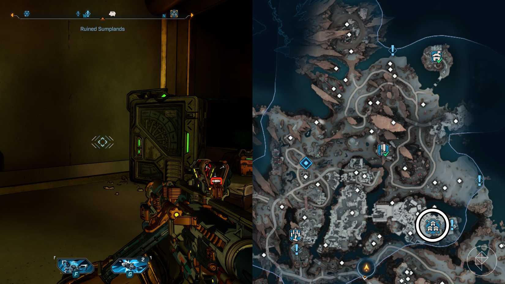 A montage of two Borderlands 4 images showing the location of the bank machine in Carcadia