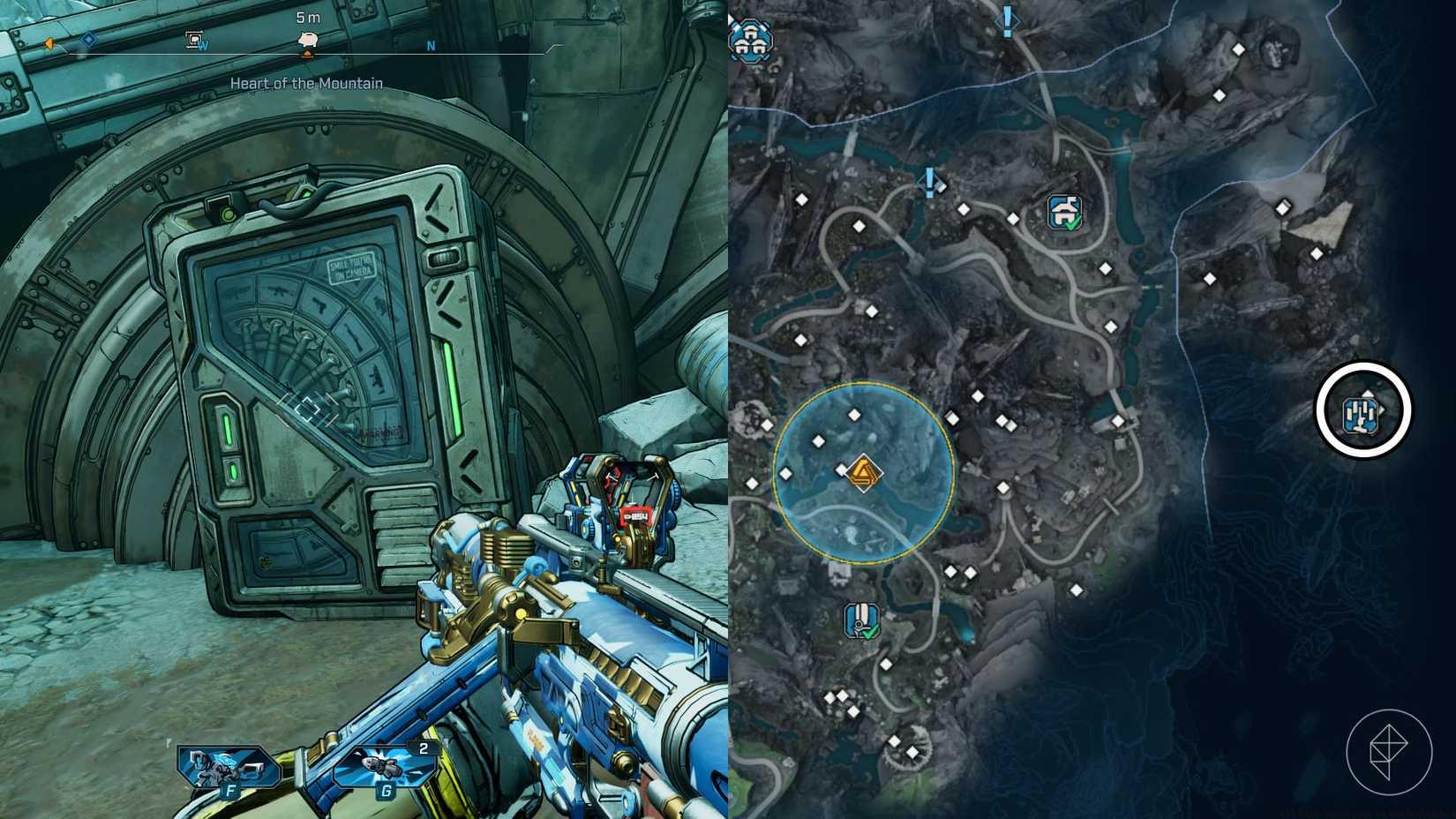 A montage of two Borderlands 4 images showing the location of the bank machine in Bones of Sanctuary