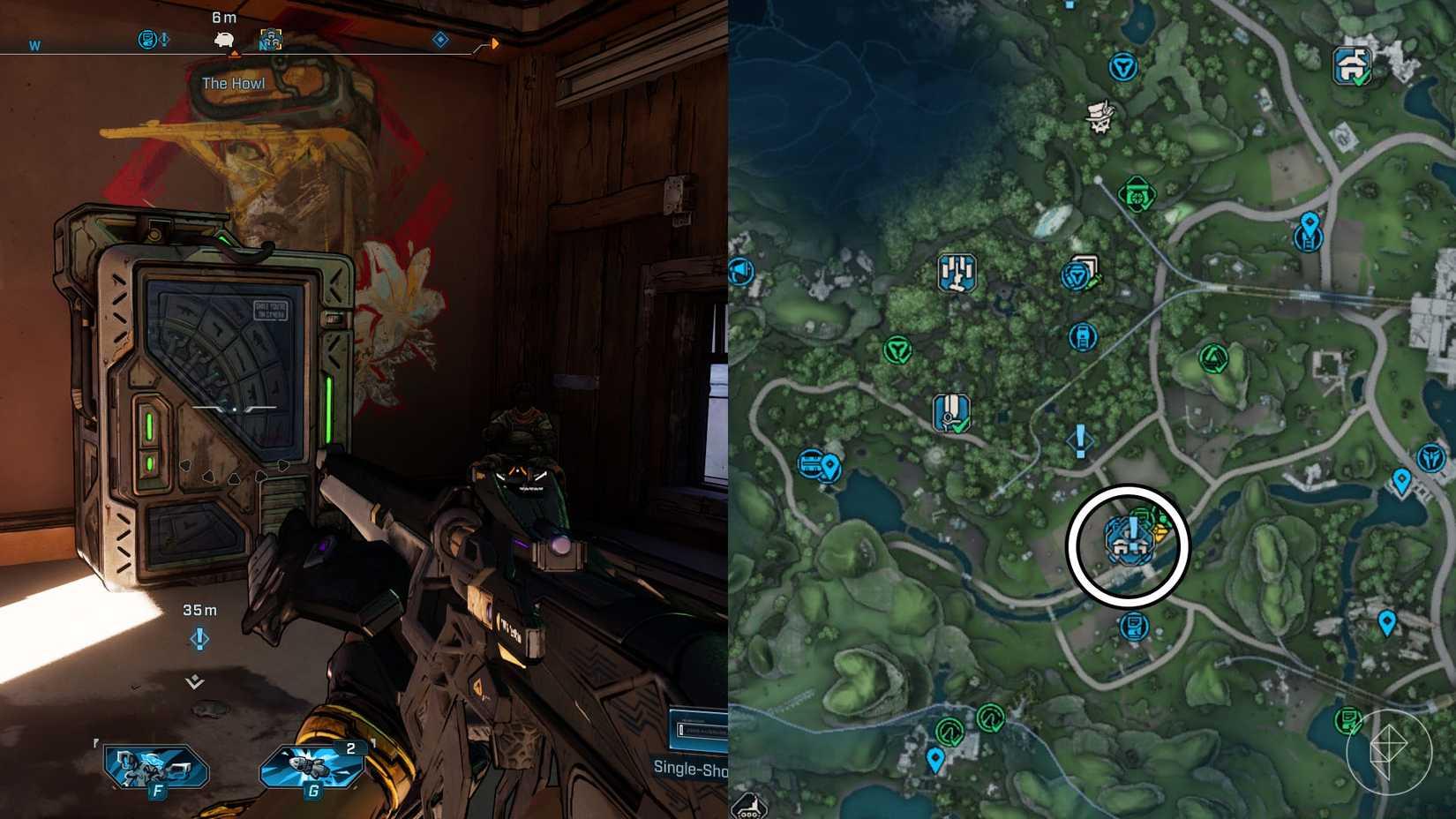 A montage of two Borderlands 4 images showing the location of the bank machine in the Launchpad