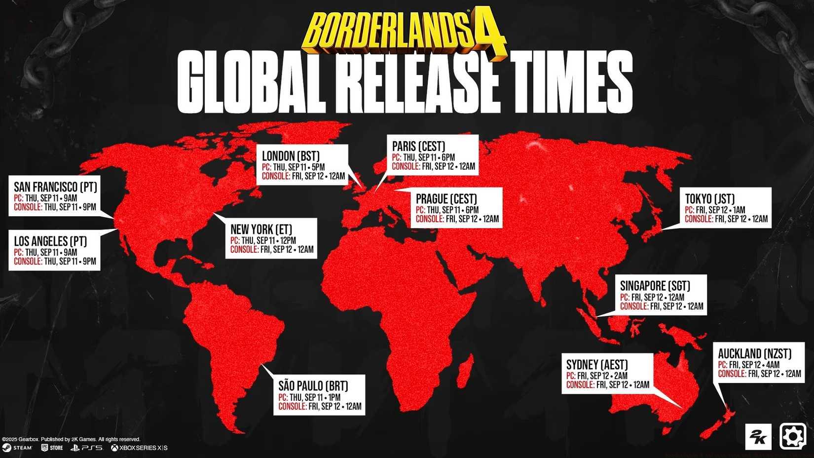 A graphic shows all Borderlands 4 release times