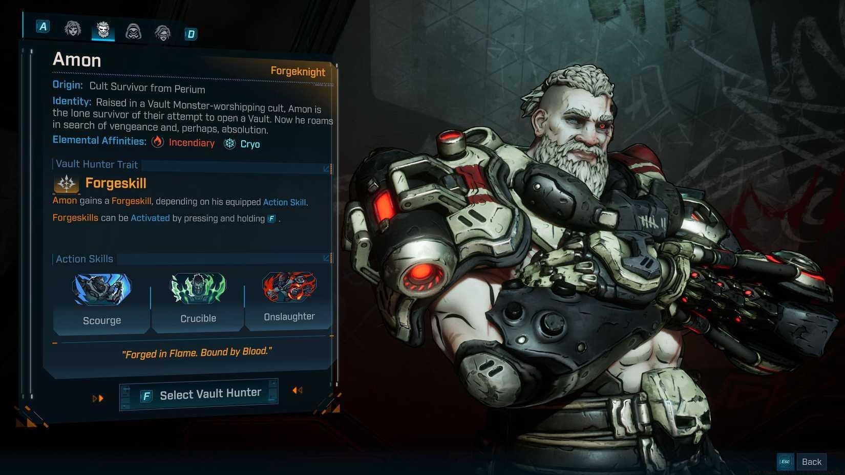 A Borderlands 4 screenshot showing Amon's skill trees