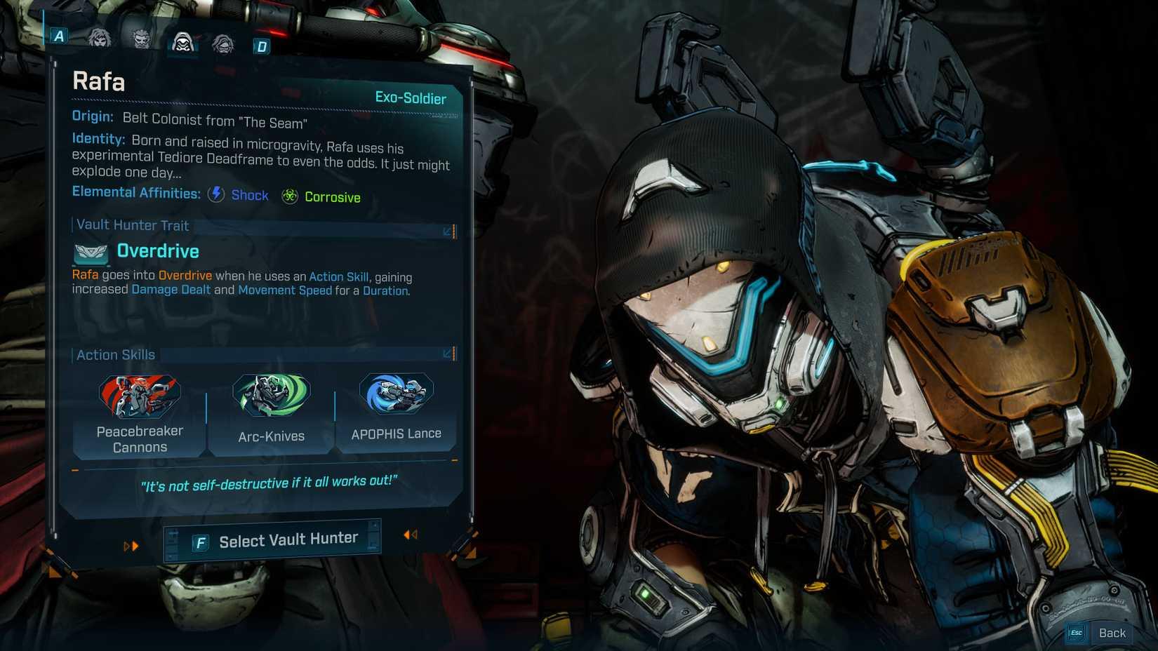 A Borderlands 4 screenshot showing the description of Rafa's kit