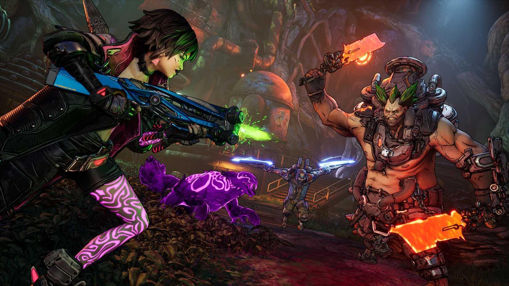 An official Borderlands 4 image showing two characters facing a large humanoid enemy with blazing hot daggers.