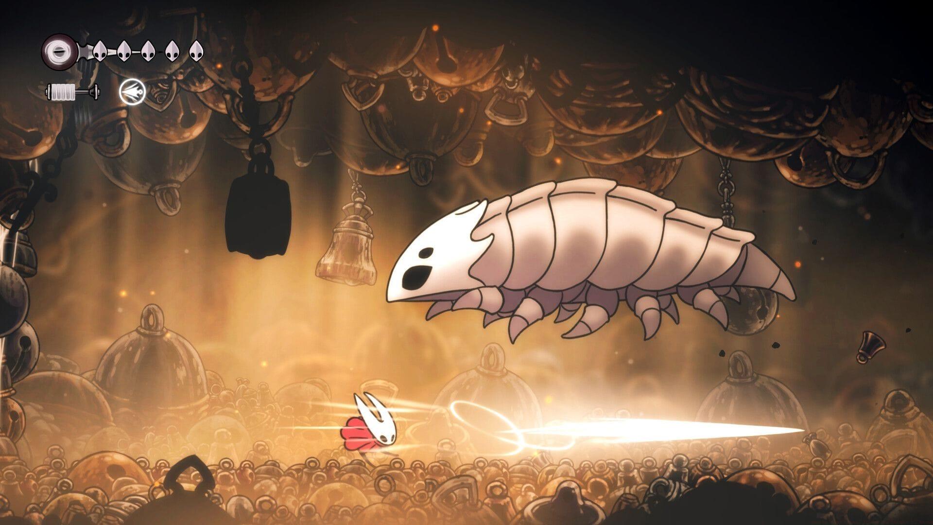 Hornet fighting Bell Beast in Hollow Knight Silksong.