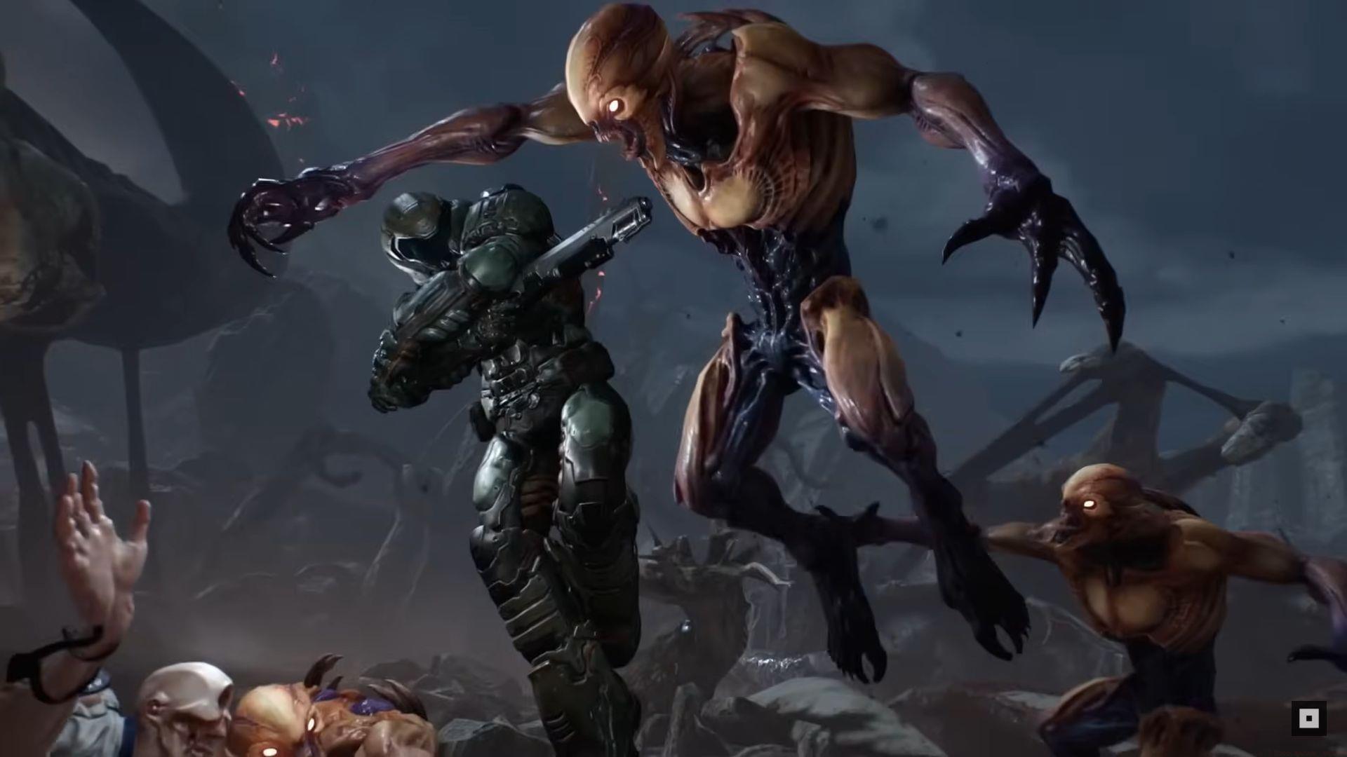 Doom Slayer fighting with a zombie