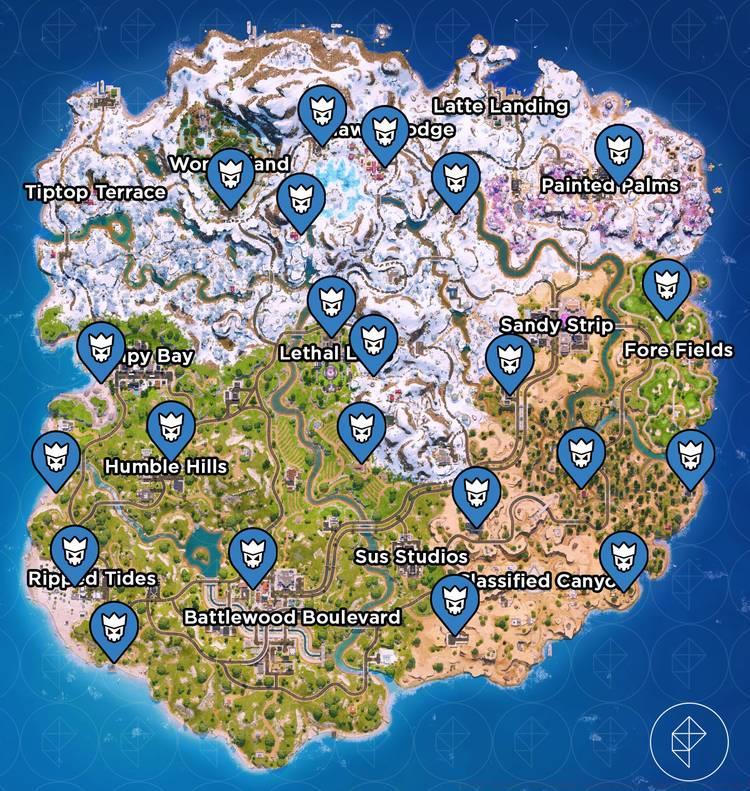 Fortnite boss spawn locations marked on the Chapter 7 Season 1 map.