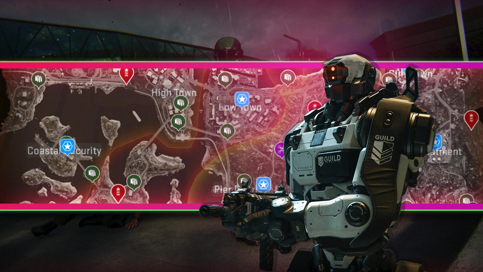 A robot holding a gun in front of a Call of Duty: Black Ops 7 campaign map.
