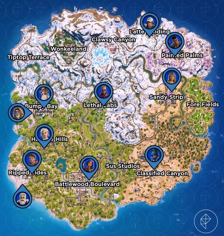 The locations of every character in Fortnite Chapter 7 Season 1.
