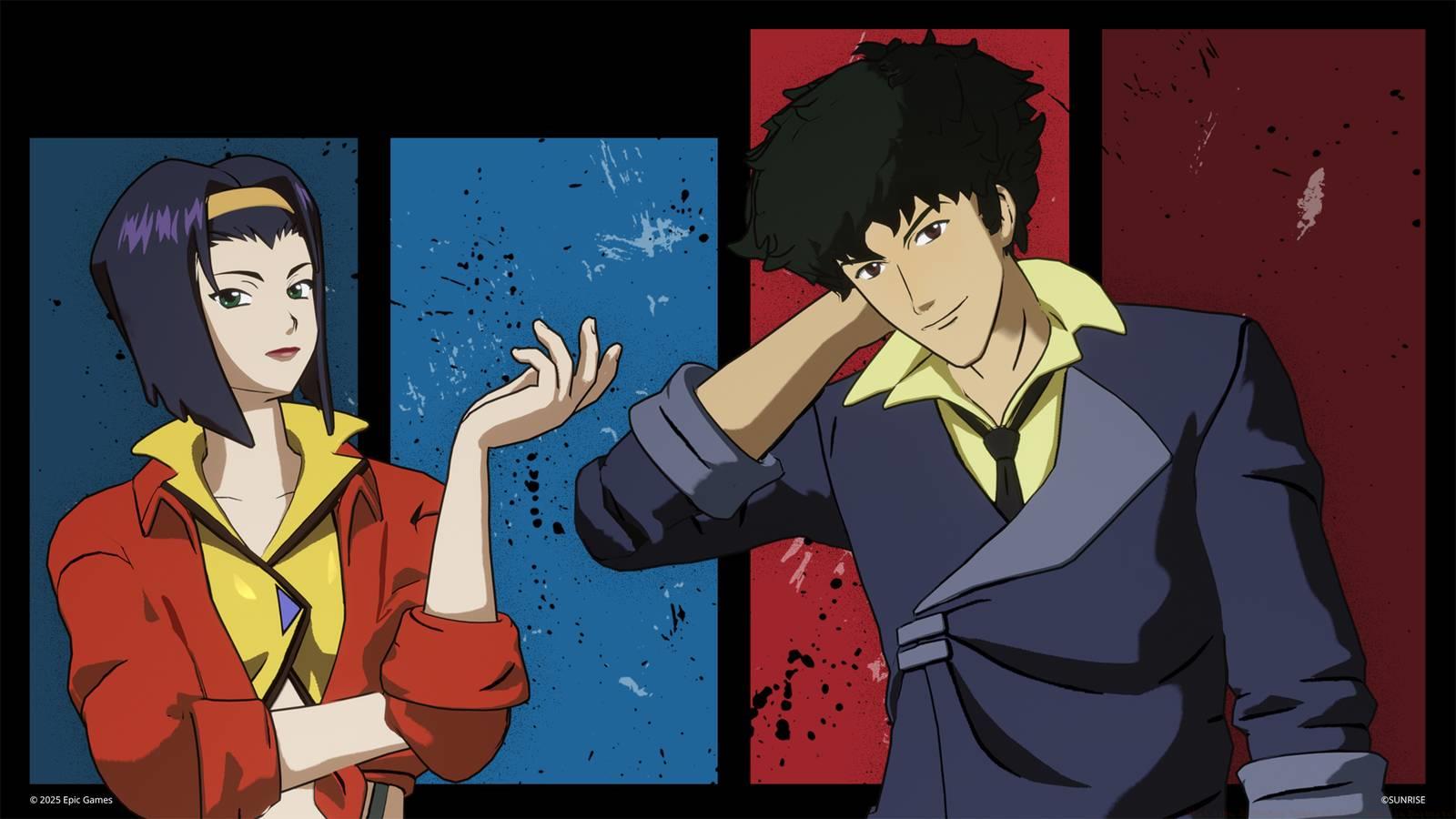 Spike Spiegel and Faye Valentine from Cowboy Bebop appearing as skins in Fortnite.