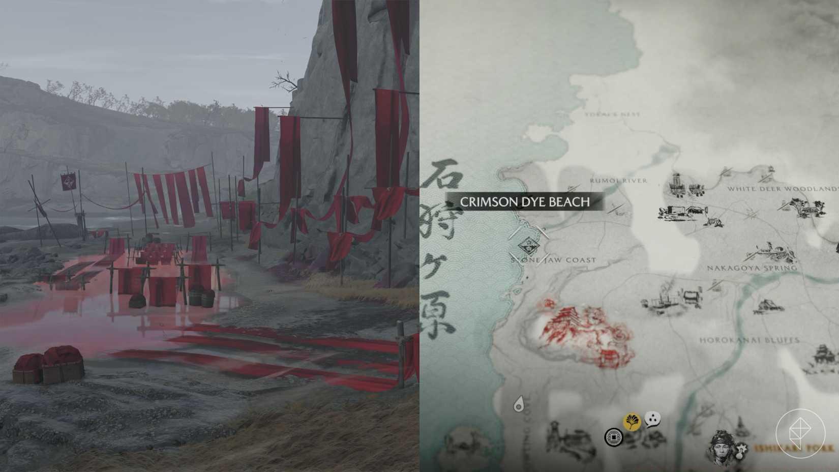 The Crimson Dye Beach location marked on the map of Ghost of Yotei.