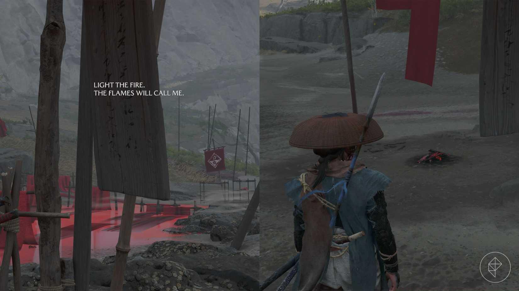 The sign at the Crimson Dye Beach along with the campfire beside it in Ghost of Yotei.