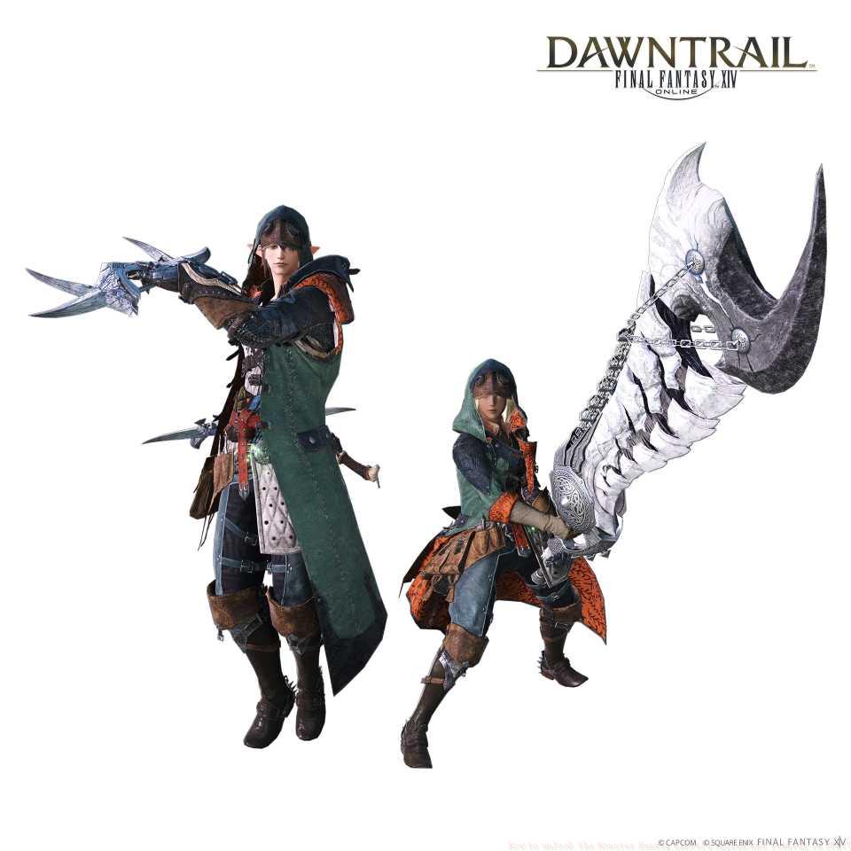 Two more FFXIV characters holding blades and a giant sword, while decked out in Monster Hunter Wilds gear.