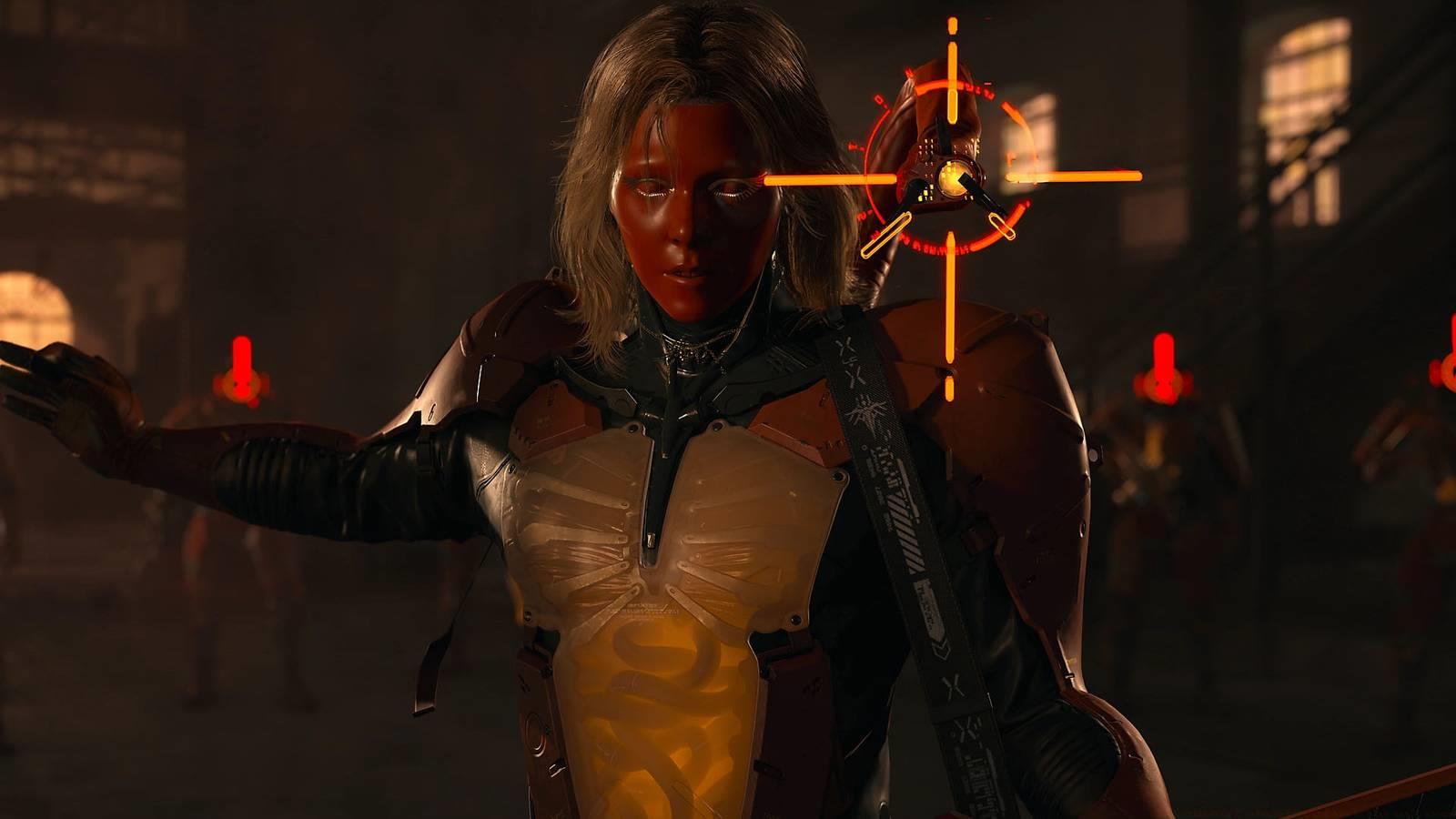 A person wearing a cybernetic armor. They have a red mask and blonde hair.