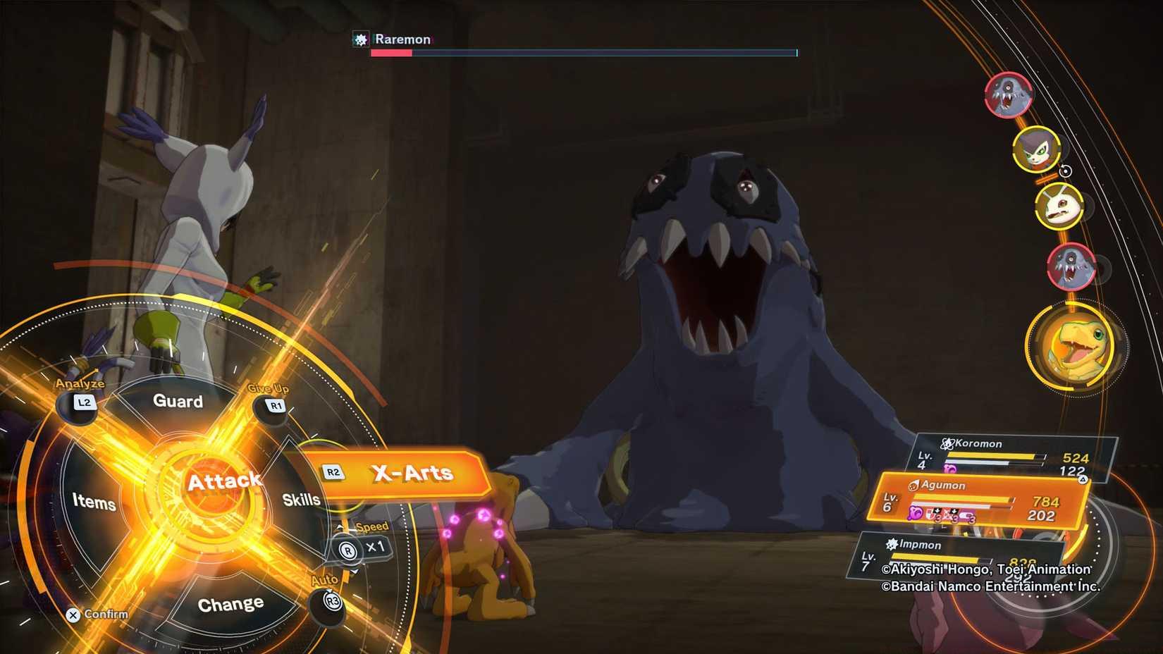 A Digimon Story Time Stranger screenshot showing a battle against Raremon