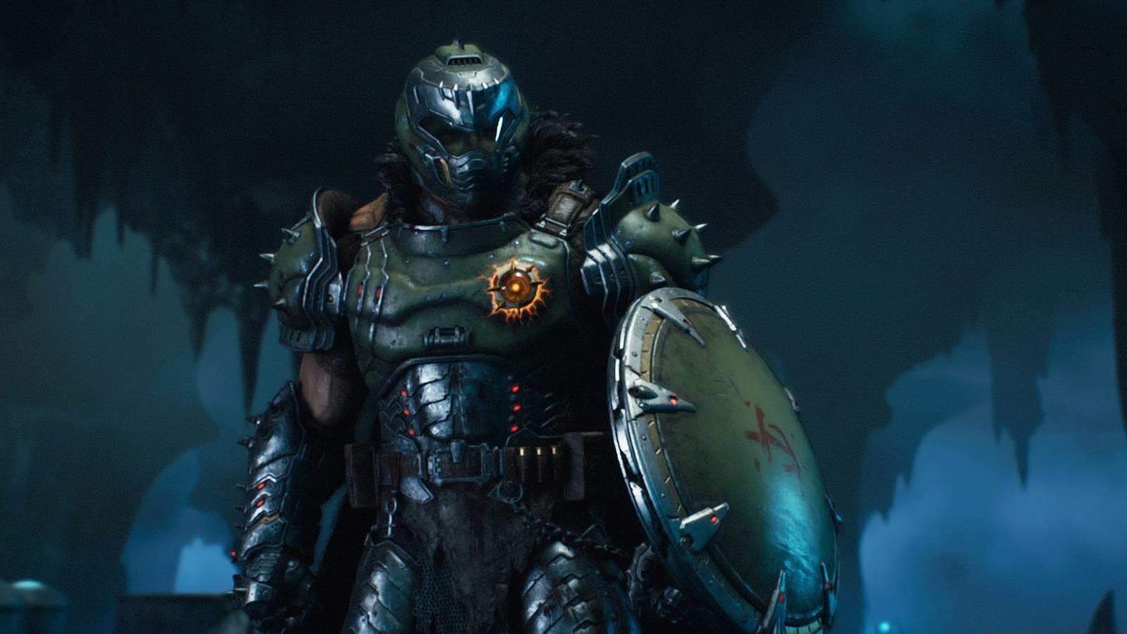 The Doom Slayer posing in front of the camera holding a shield with their left arm.