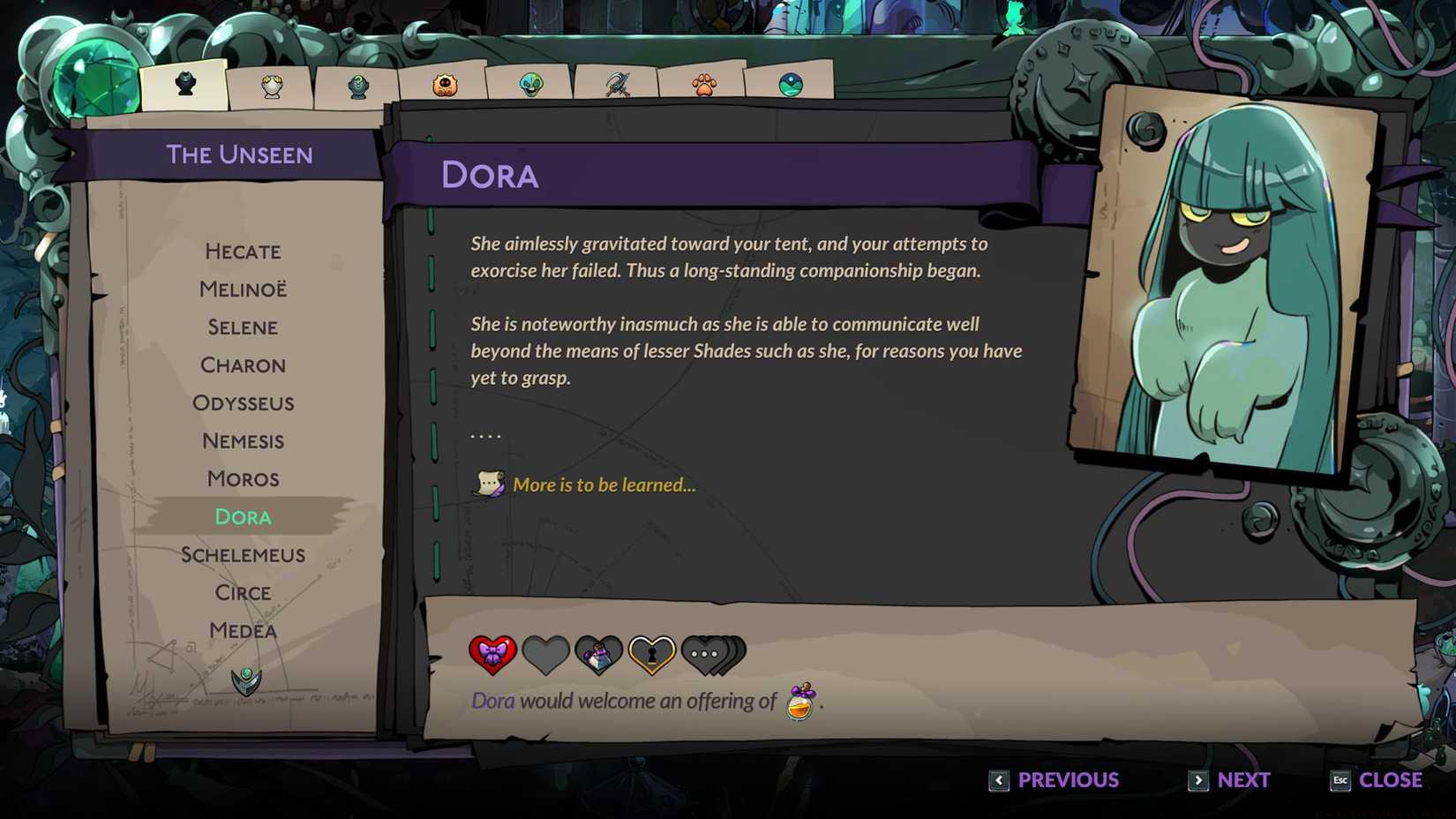 Dora's entry in the Book of Shadows in Hades 2.