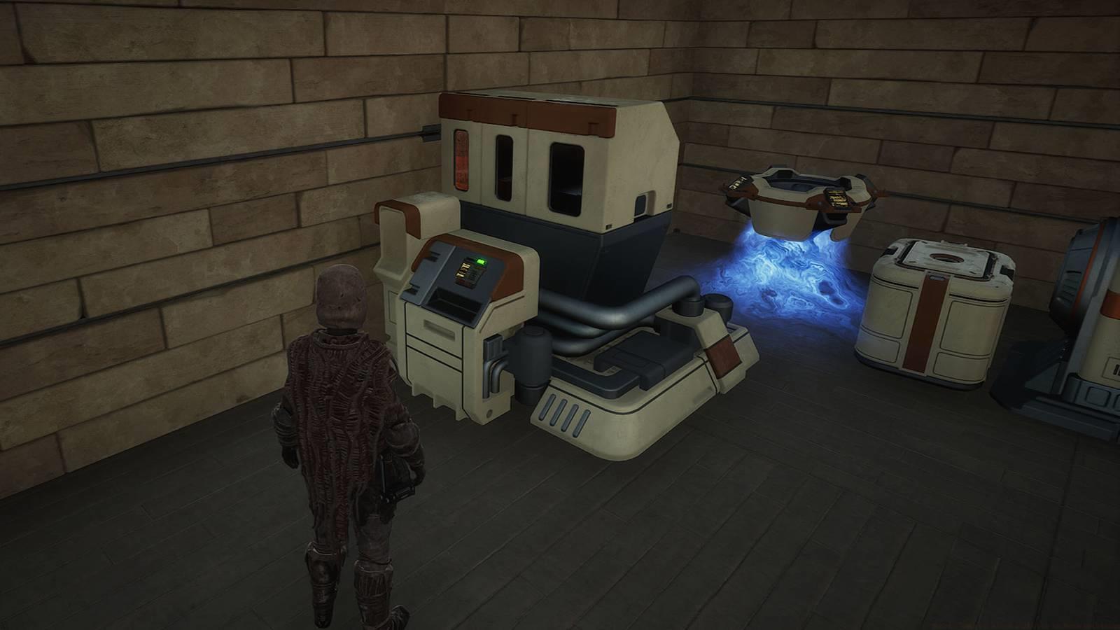 A Dune: Awakening screenshot showing a character in front of a machine called Blood Purifier, which makes water out of blood you collect in the game