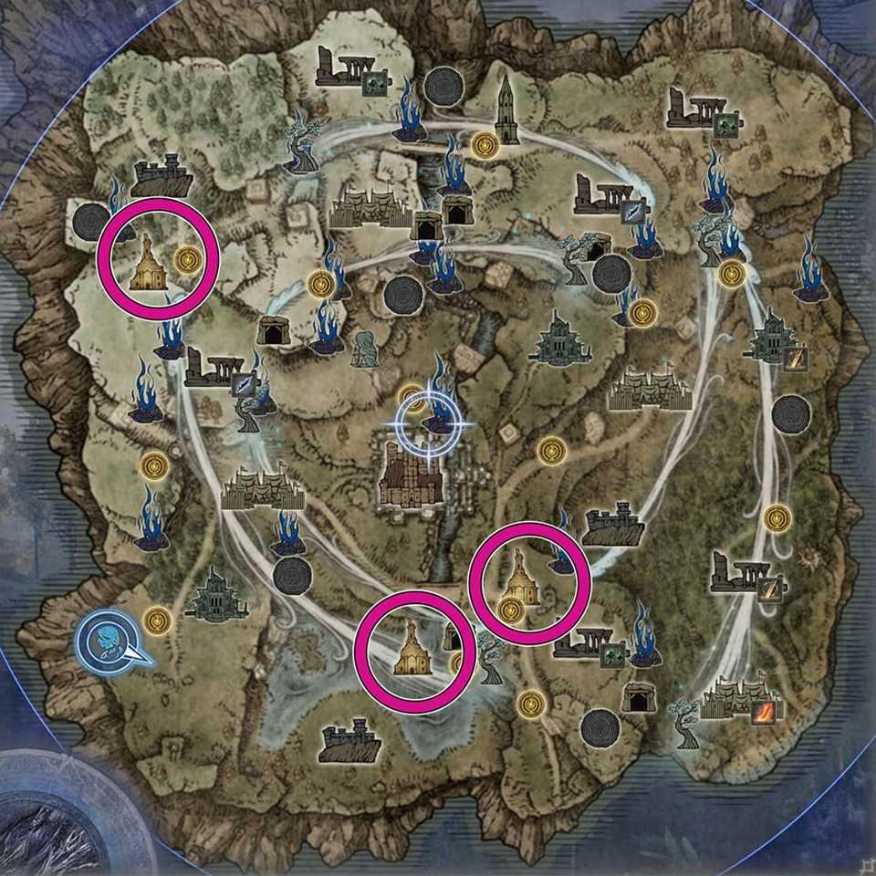 An edited Elden Ring Nightreign screenshot showing only the map and the location of three churches
