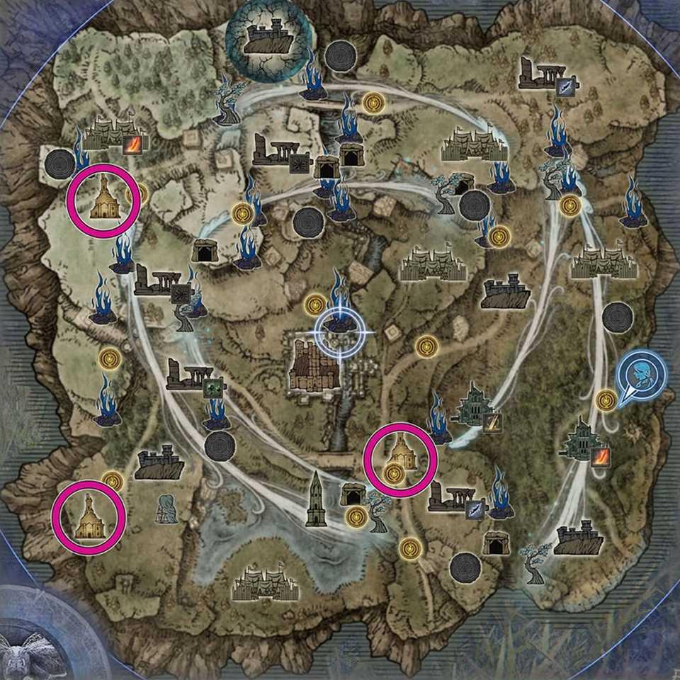 An edited Elden Ring Nightreign screenshot showing only the map and the location of three churches