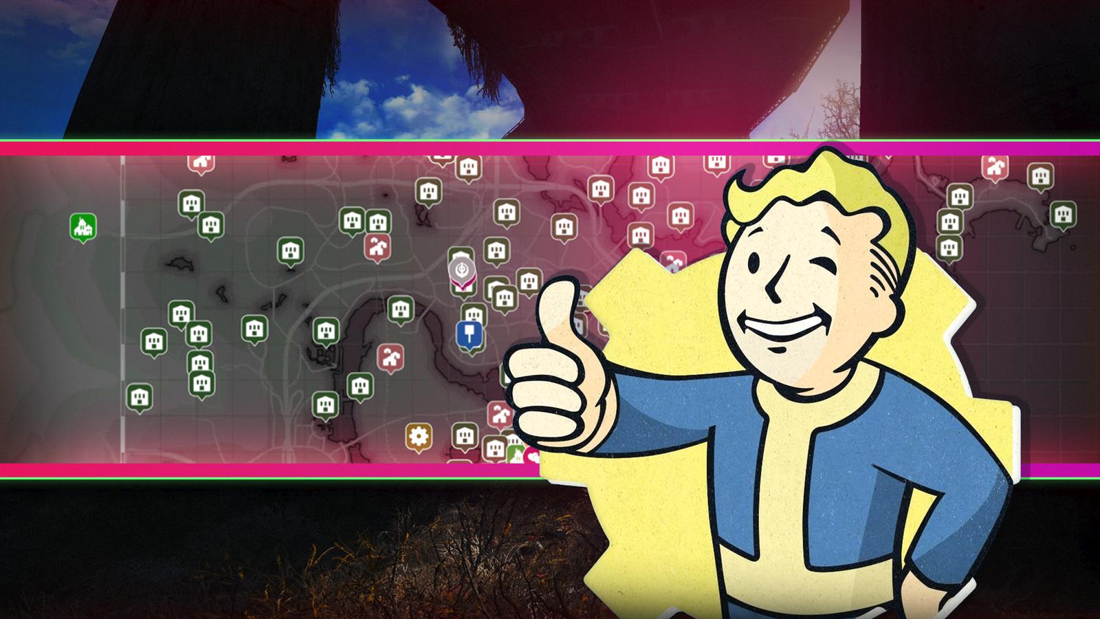 Vault Boy gives a thumbs up in front of a map of the Fallout 4 Commonwealth.