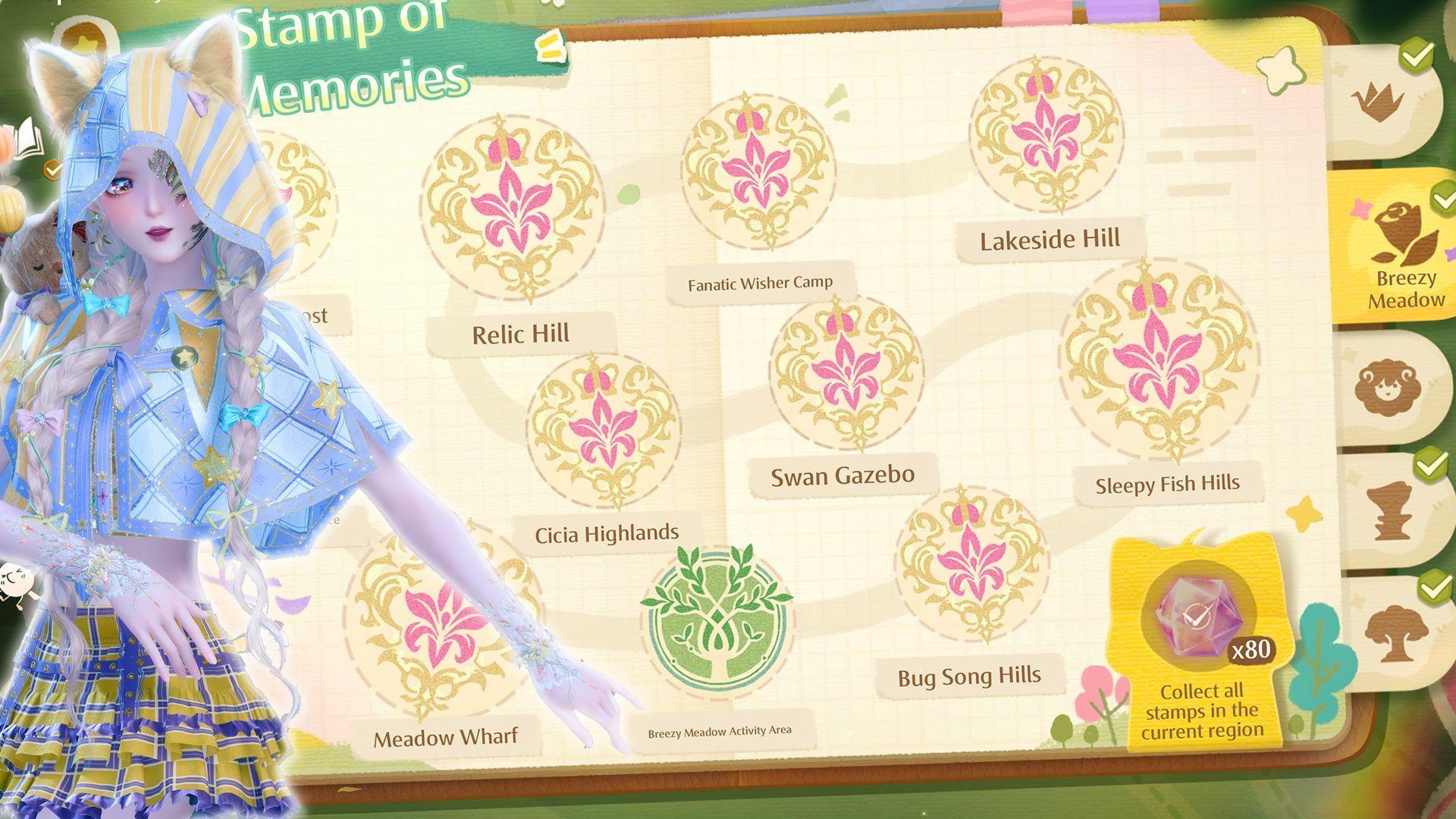 Locations of all Breezy Meadow event sites in the Stamp of Memories event (Image via Sportskeeda Gaming/Infold Games)