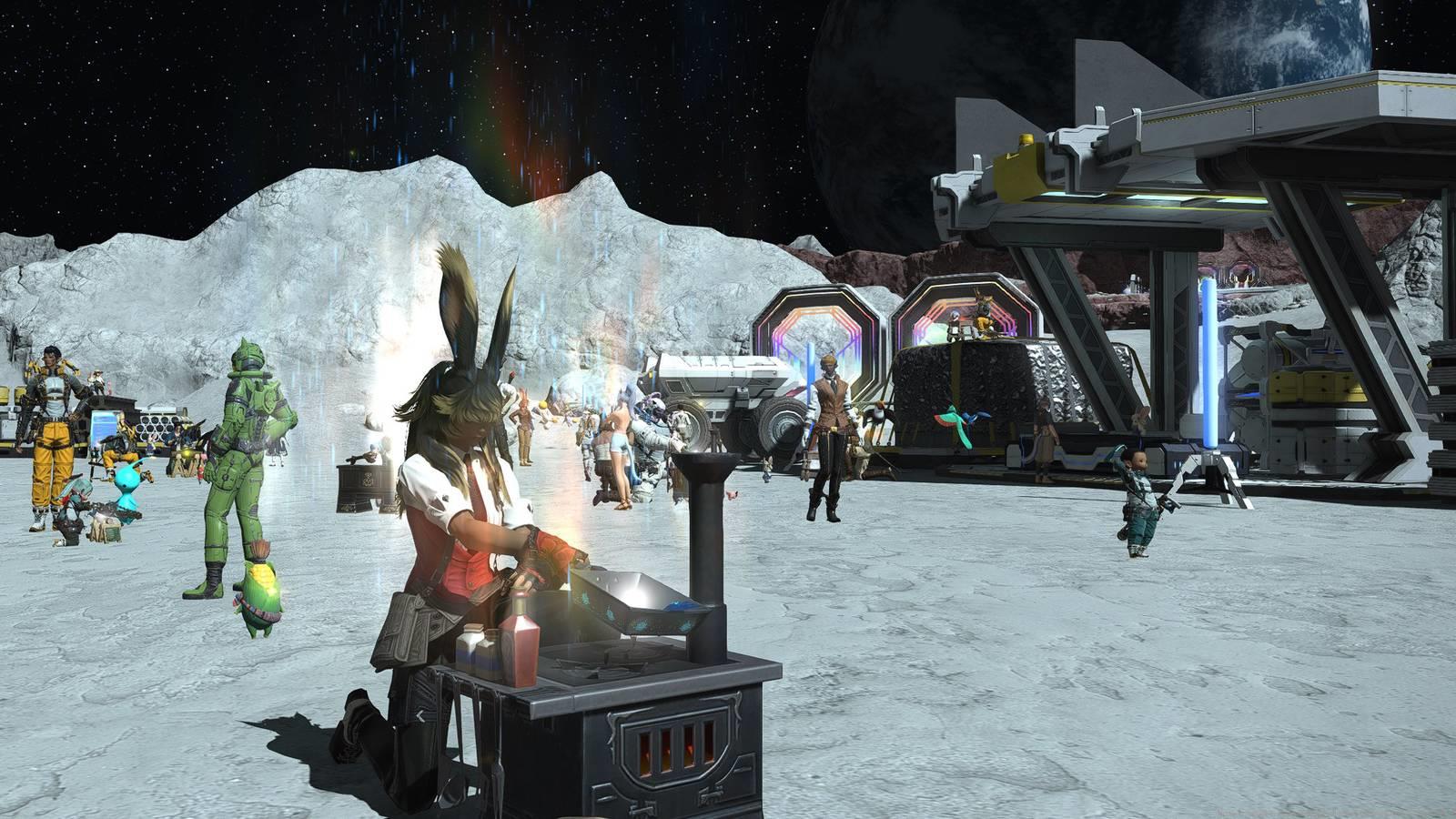 A Viera cooks up some stuff as a culinarian on the moon in FFXIV