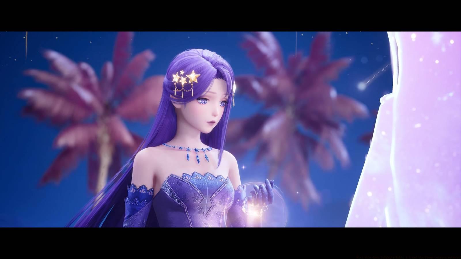 Nikki looks at her hand in the Sea of Stars dress in Infinity Nikki.