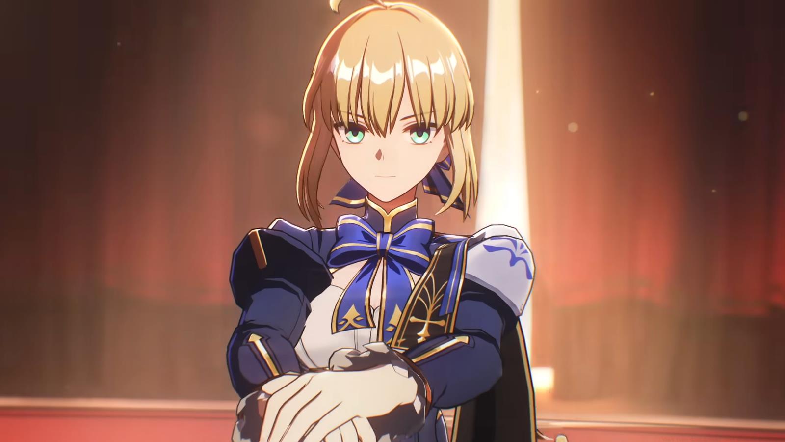 Saber rests her hands on top of her sword bottom, in her iconic pose, but in Honkai: Star Rail