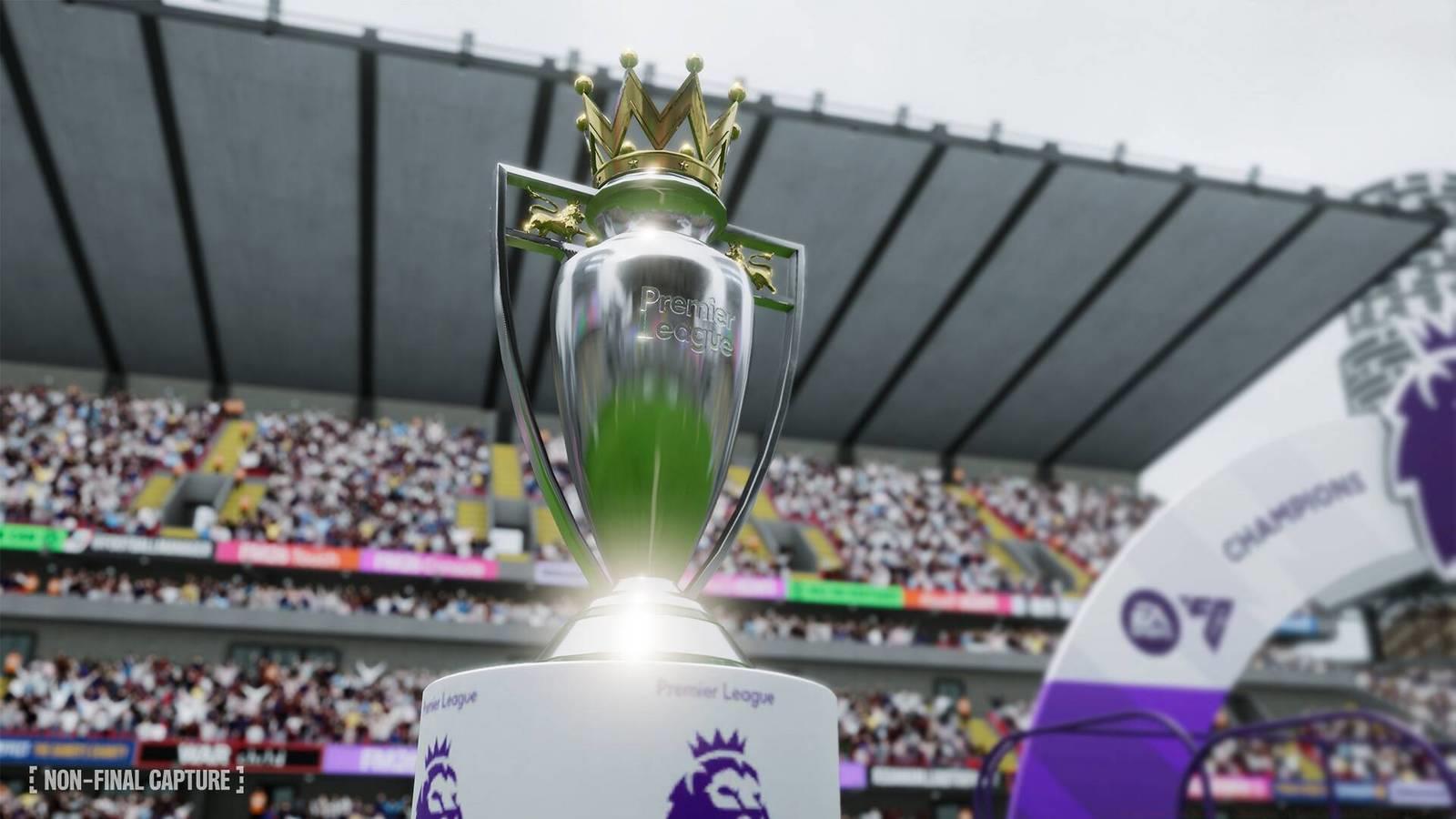 The Premier League trophy in Football Manager 26 sat atop a pedestal with a stand full of fans behind it.