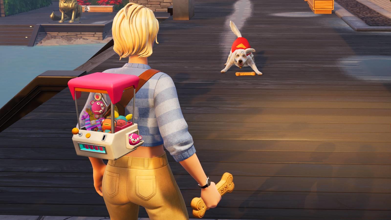 A Fortnite player looking at Krypto the dog.