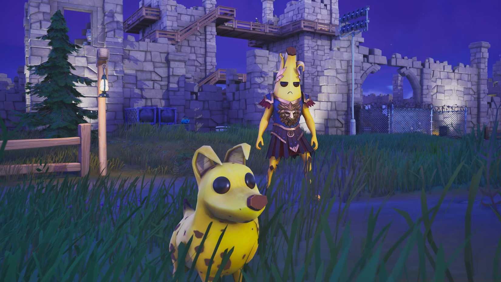 Sidekick Peels, the yellow dog companion, stands next to a player in Fortnite.