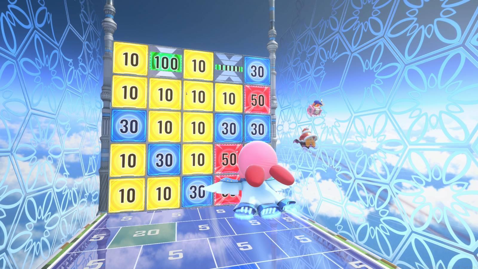 Kirby on a flight-based Warp Star aims at a board filled with numbers in one of the flight challenges in Kirby Air Riders.