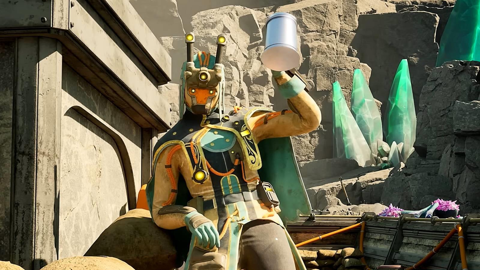 An Outer Worlds 2 character raising their pewter stein to the player