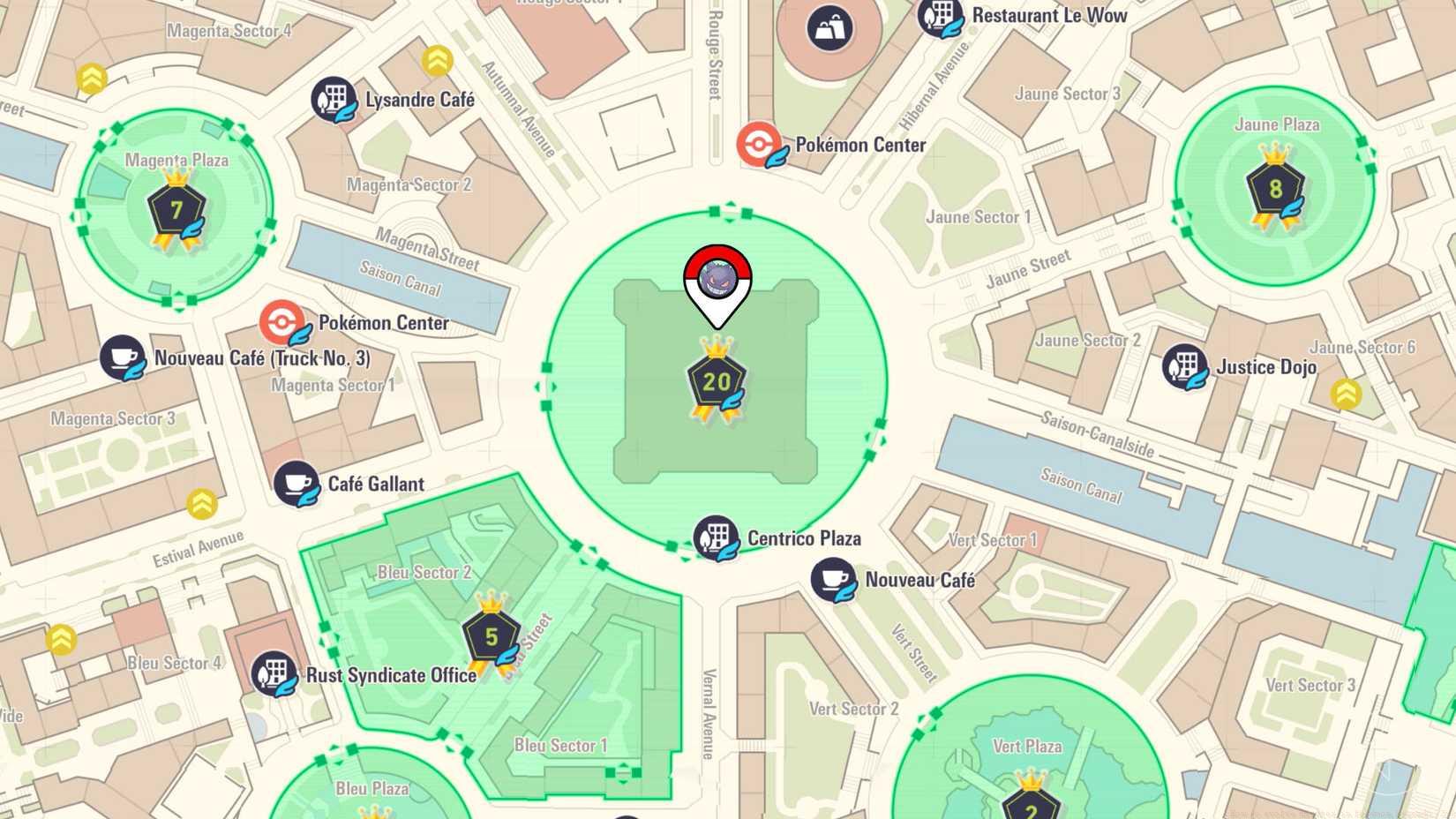 A map of Lumiose City with a Gengar pin in Wild Zone 20.