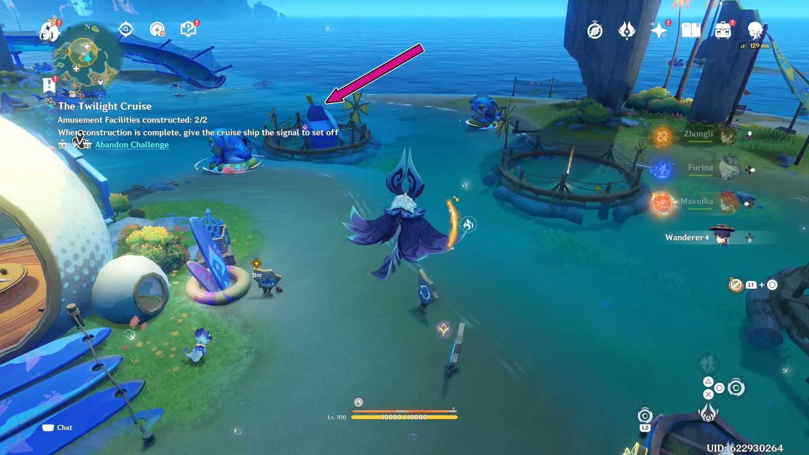 A Genshin Impact screenshot showing na Iktomisaur flying and a pink arrow showing where players need to build the Chompy Chompy Shark gate when guiding the Twilight Cruise.