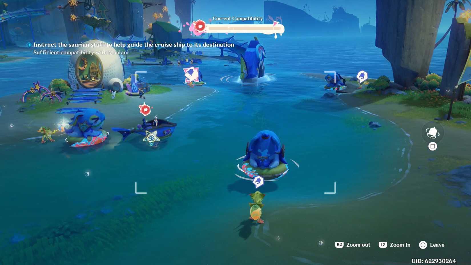 A Genshin Impact screenshot showing the disposition of all the structures you need to complete the Twilight Cruise quest.