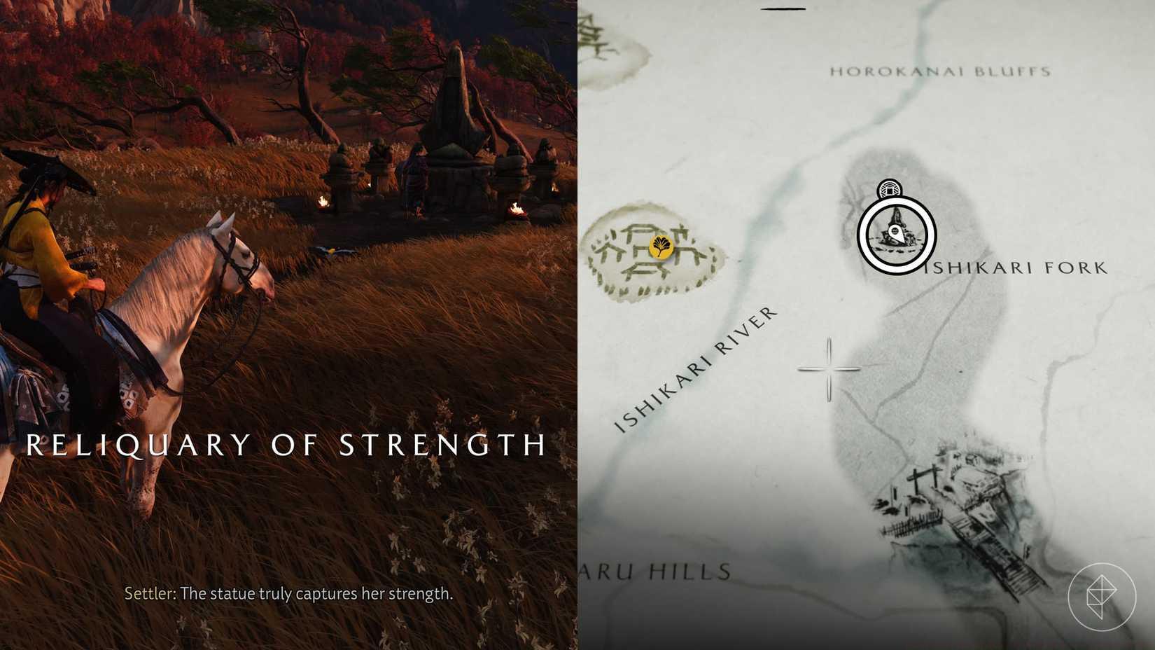 A monta using two Ghost of Yōtei images to show where players can find the Reliquary of Strength