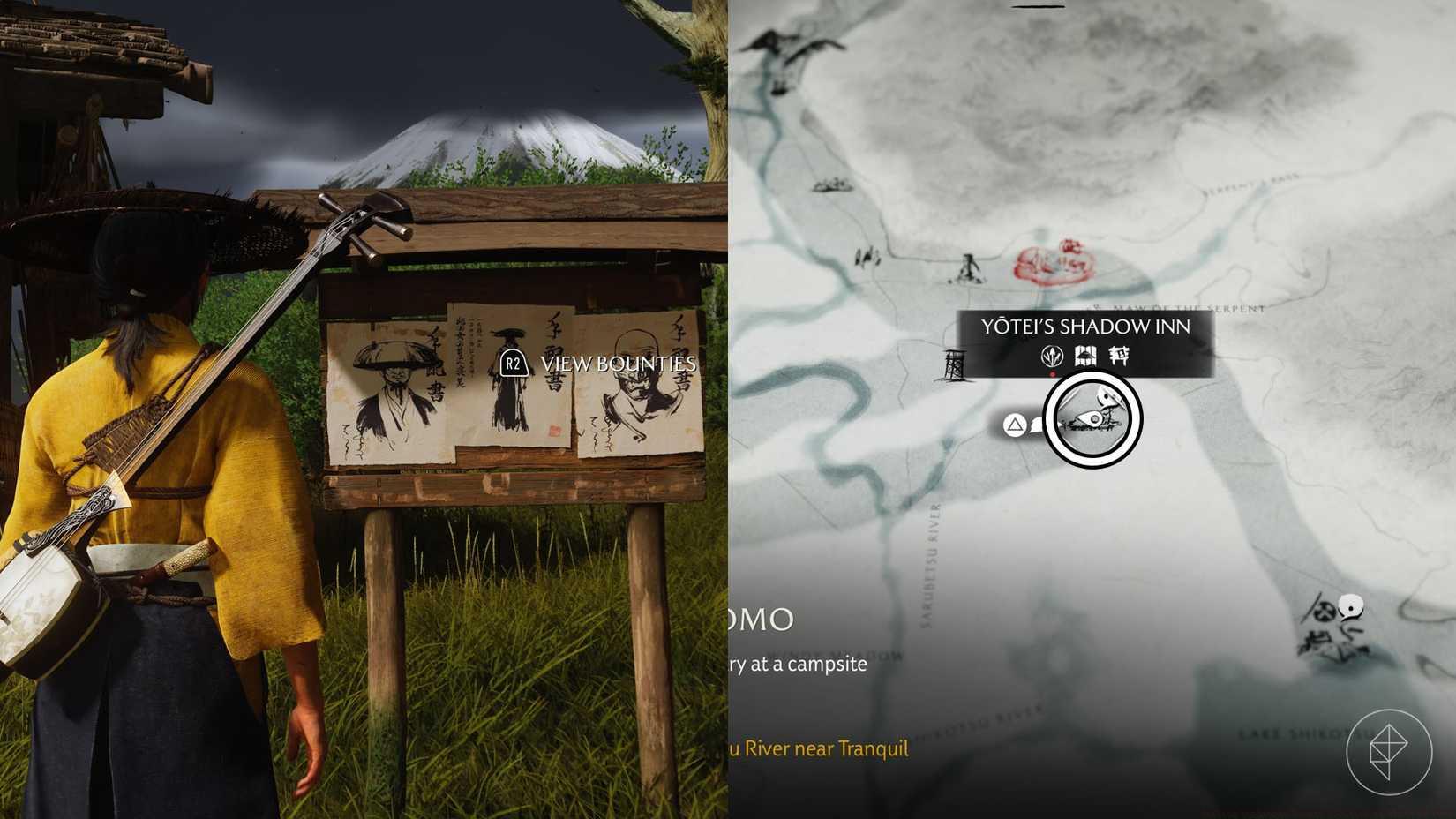 A montage of two Ghost of Yotei screenshots showing the location of Yotei's Shadow Inn, where you unlock the Smiling Yoshimoto bounty