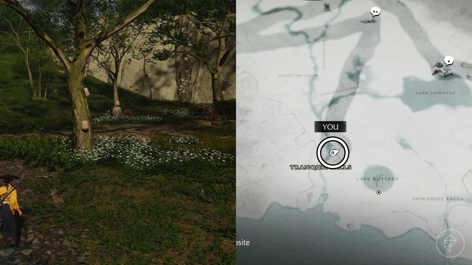 A montage of two Ghost of Yotei screenshots showing the Smiling Yoshimoto location