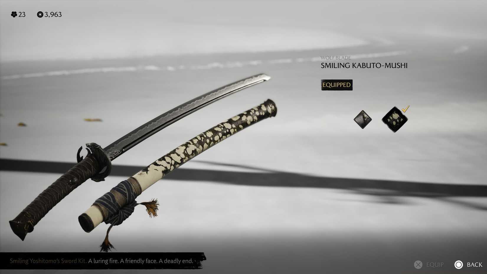 A Ghost of Yotei screenshot showing the Smiling Kabuto-Mushi weapon kit
