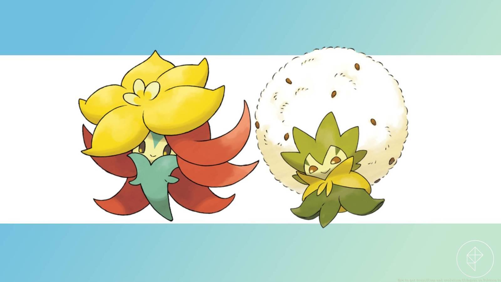 Gossifleur and Eldegoss on a striped background