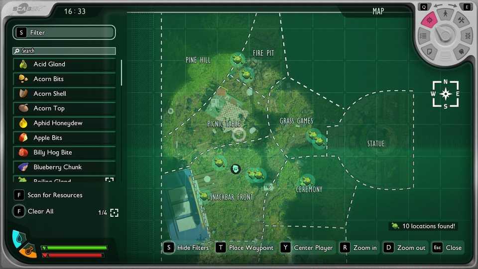 A map showing where to find bombardier bugs in Grounded 2