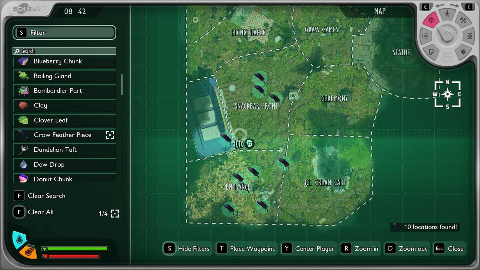 The resource finder showing crow feather locations in Grounded 2