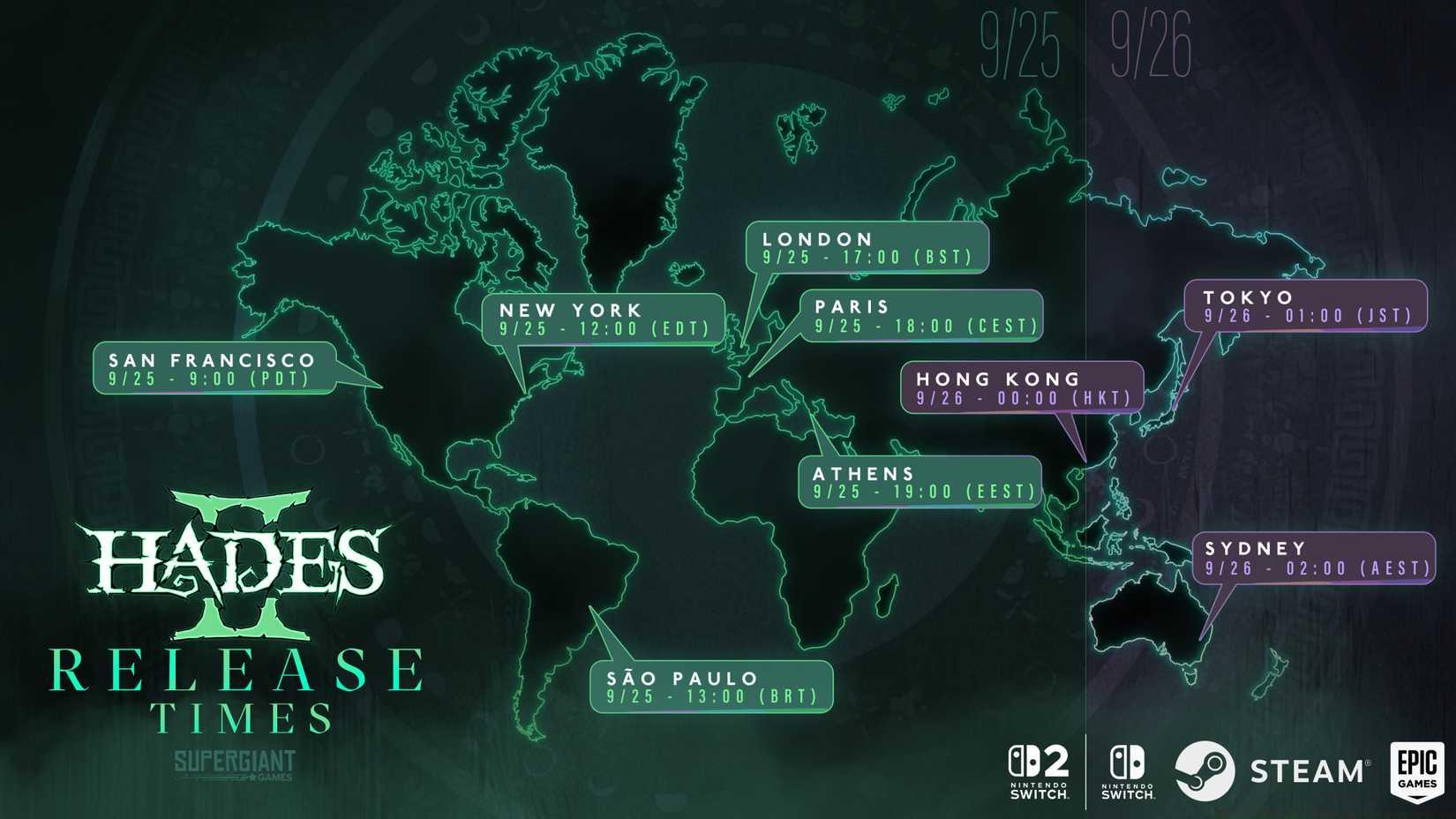 A graphic shows the Hades 2 release times across time zones