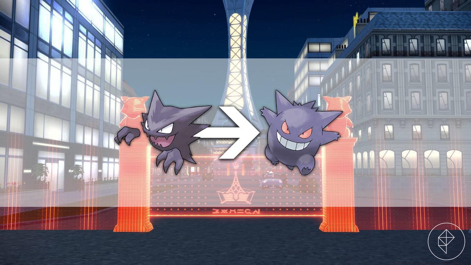 Haunter with an arrow behind them pointing to Gengar in front of an image of the Prism Tower from Pokémon Legends: Z-A.