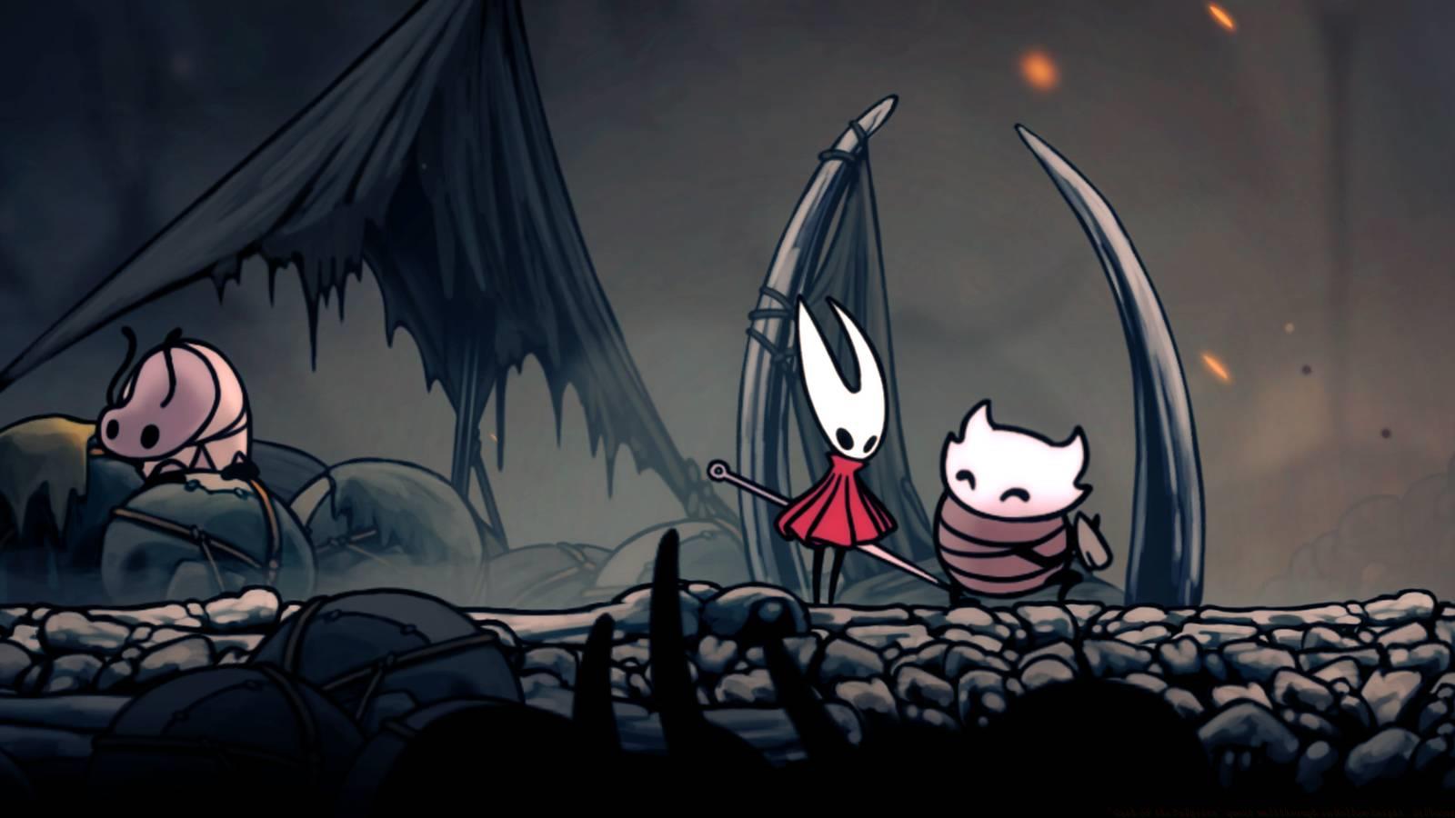 A player standing next to Flicker, the bug working on the quest board in Bone Bottom in Hollow Knight: Silksong.