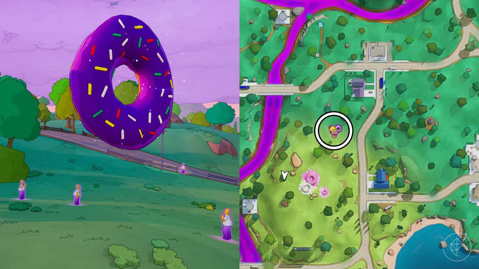 Homer clones looking up to a giant floating donut with its location circled on the map.