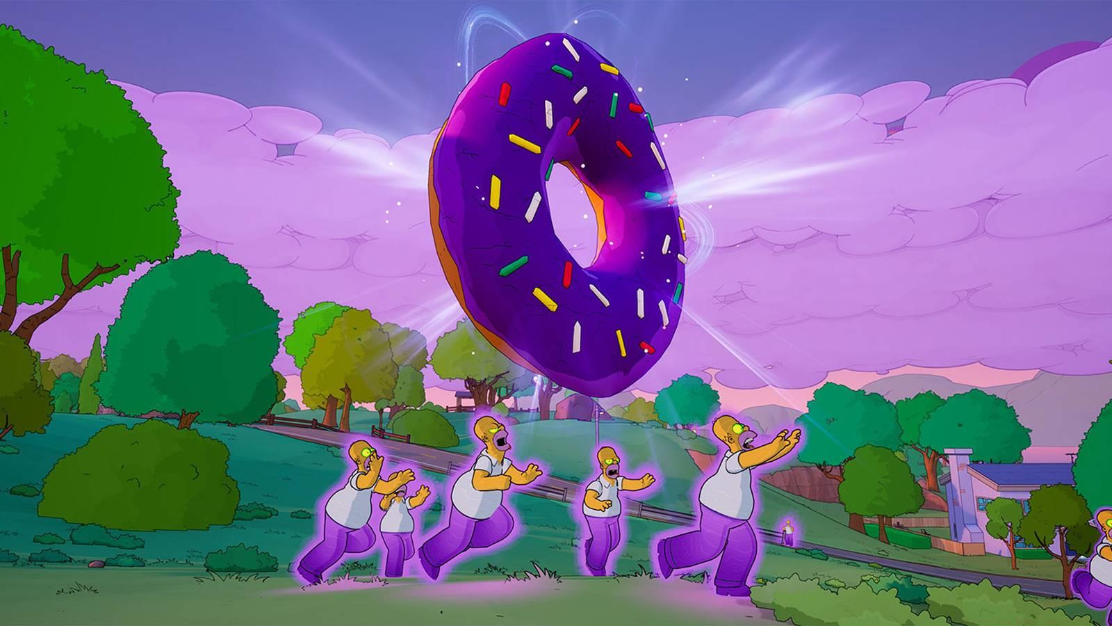 Homer clones under a huge floating donut in Fortnite.